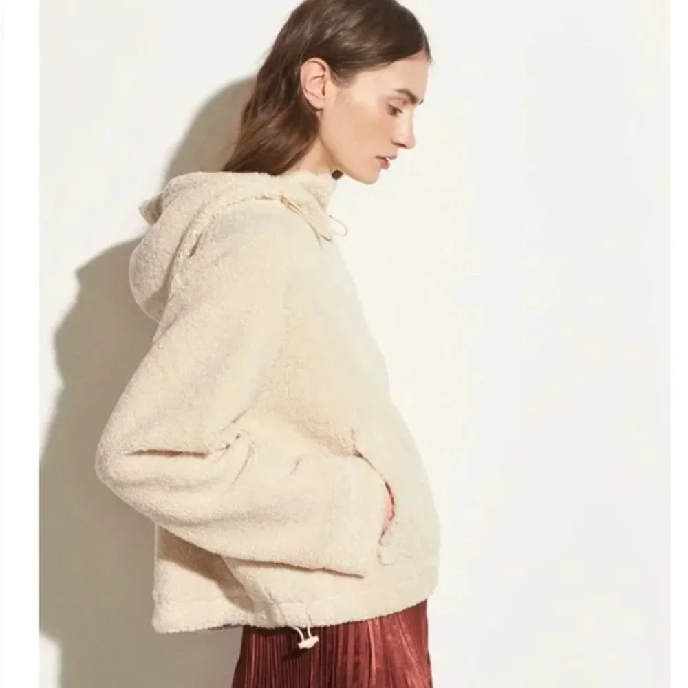 Vince $425 Cream Sherpa Oversized Hooded Pullover Jacket - Picture 2 of 10